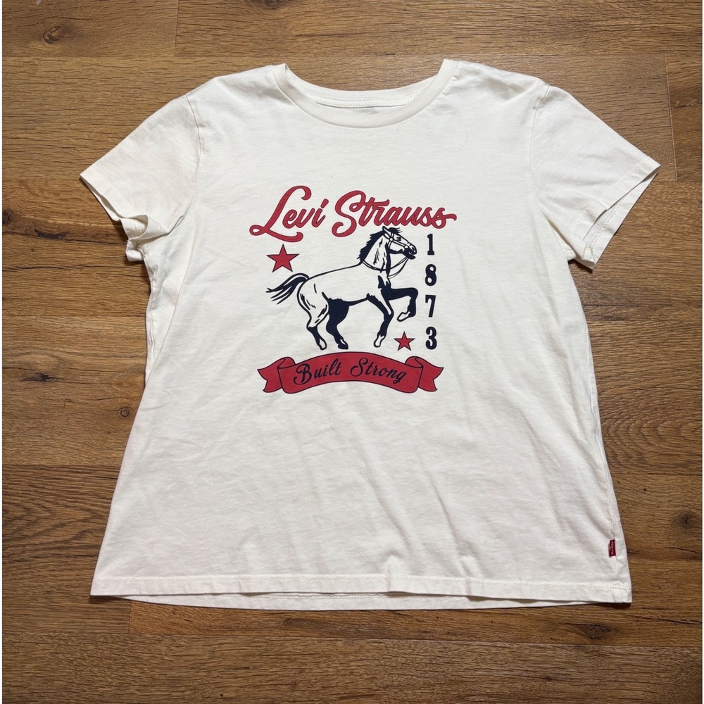 Levi Strauss Womens Graphic T Shirt White Built Strong Horse 1873 Cotton Medium - Picture 1 of 7